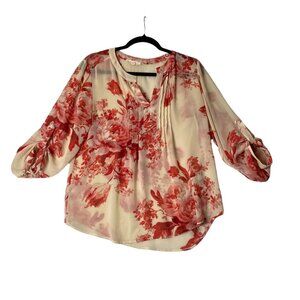Creative Commune Woman Size L Sheer Floral Curved Hem Roll Tab Boho Blouse